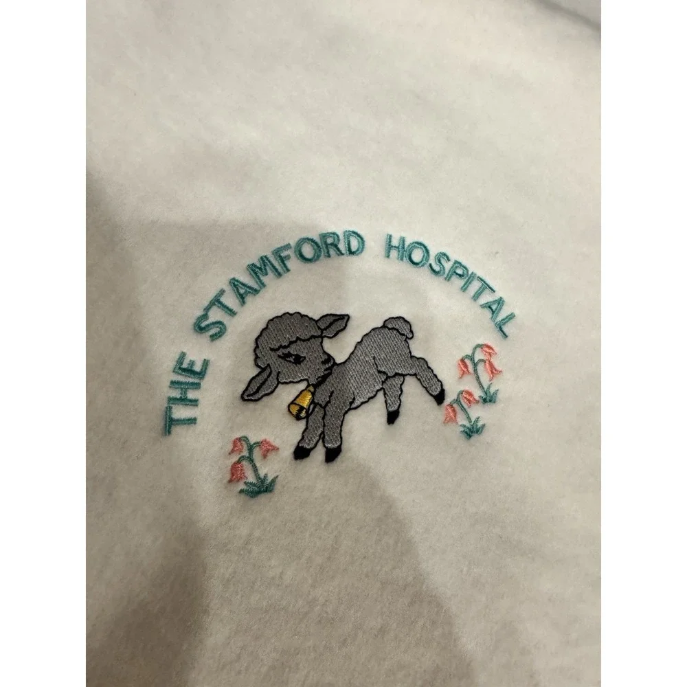 Vintage Stamford Hospital Satin Acrylic White Baby Blanket Embroidered Lamb CT